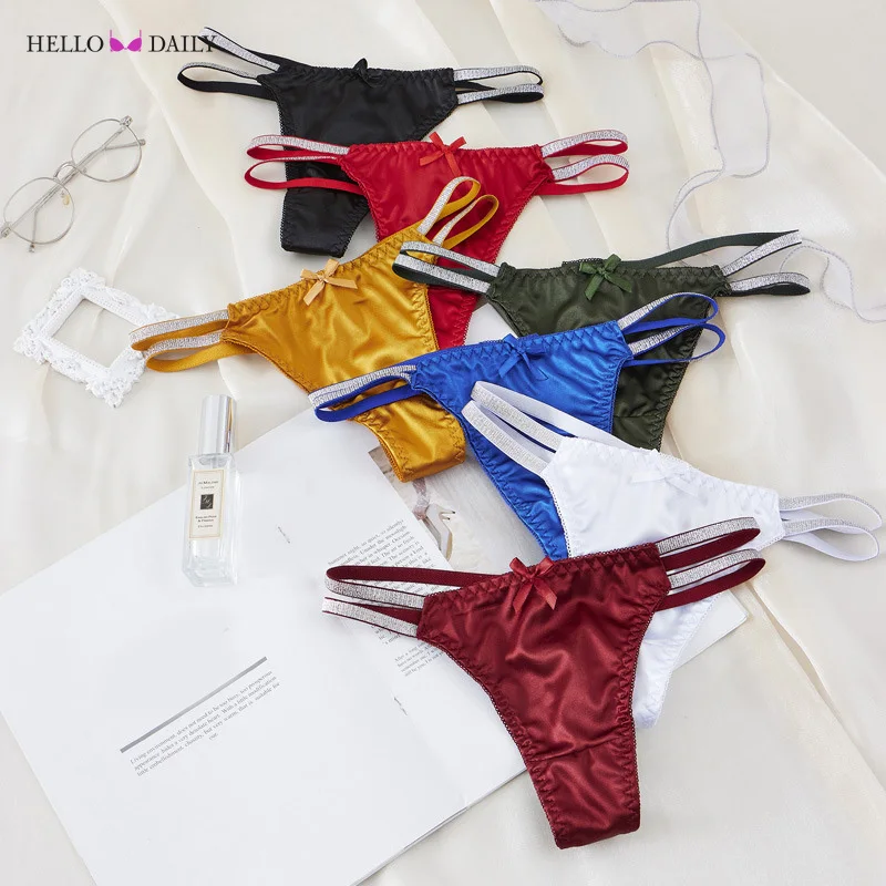 2024 New Women Sexy Silky Panties Thin Thong Ice Silk Underwear Shiny Belt Double Strap Lace Low-rise Lingerie Women Panties