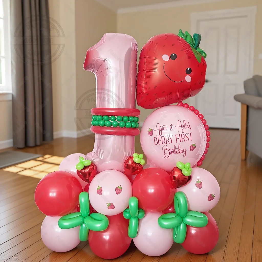 36-teiliges Lächelndes Erdbeer-Ballon-Set Rosa Zahlen-Geburtstagsballons Frucht-Themen-Party-Dekoration Festliche Zubehörteile