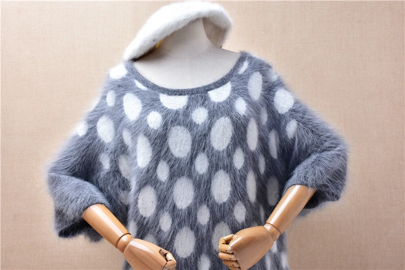 Ladies Women Spring Autumn Clothing Grey Fashion Dot Hairy Mink Cashmere Knitted O-Neck Short Sleeves Loose Sweater Jumper Pull