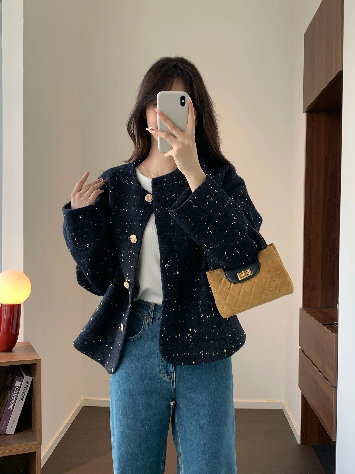 

Faionable French Sle round Ne Color Woven Thi Tweed Knitted iny Tead Ladylike Loose Boxy Small Fraance Wind Coa...