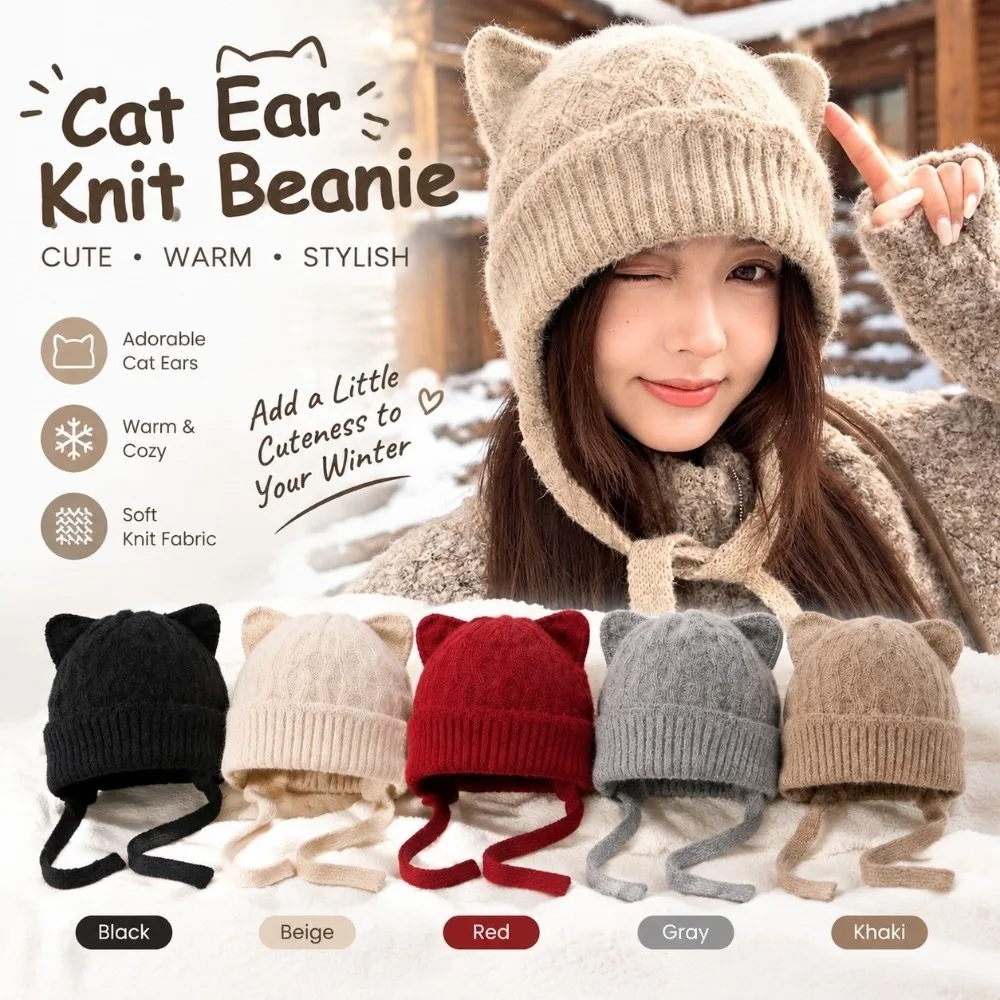 Durable Windproof Cat Ear Knit Hat 3D Cat Ear Skin Friendly Soft Beanie Warm Knitted Stretchy Fit Head Cover Walking