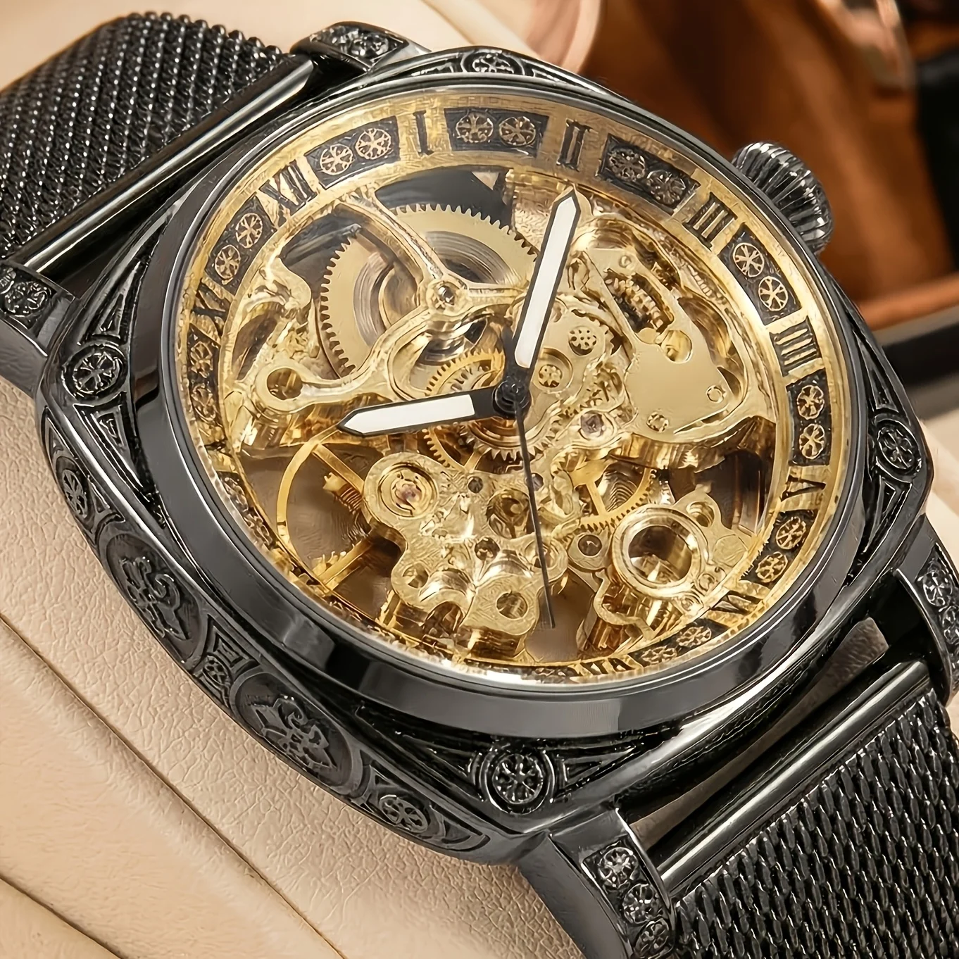 1pcs Men's Gold Dial Alloy Strap Vintage Fashion Skeleton Gear Luxury Details Mechanical Watch for Daily Business Party Holiday