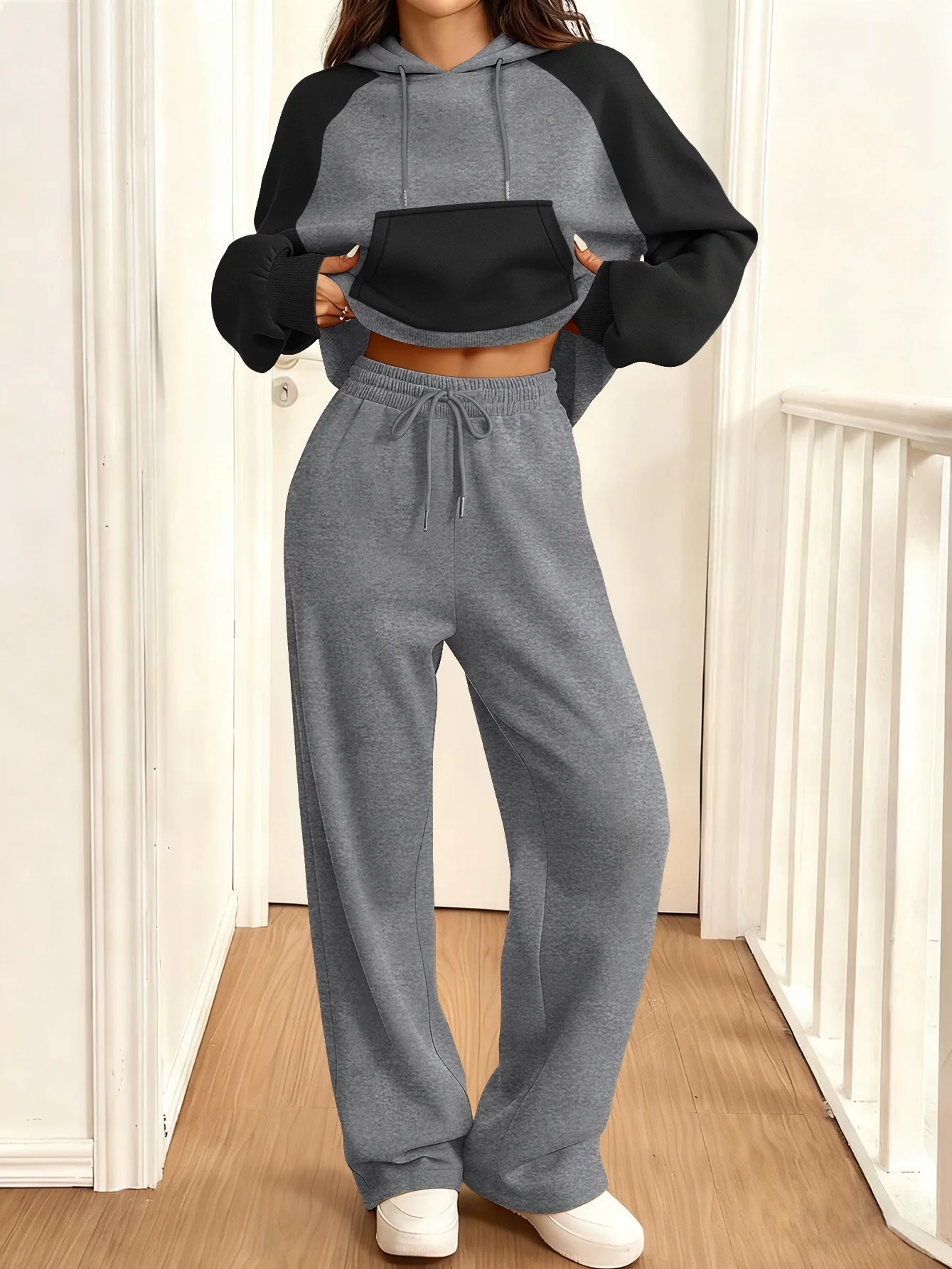 Dames sportkleding set herfstmode warm sweatshirt met capuchon tweedelige set losse kleur geblokkeerd casual sweatshirt met capuchon broek co