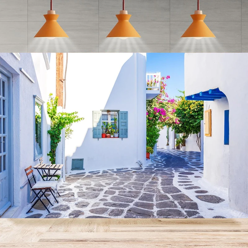 

Greece Photography Backdrop Famous Greek Island Whitewashed Dotted Alley Old Town Street Background Party Backdrop Wall Banner