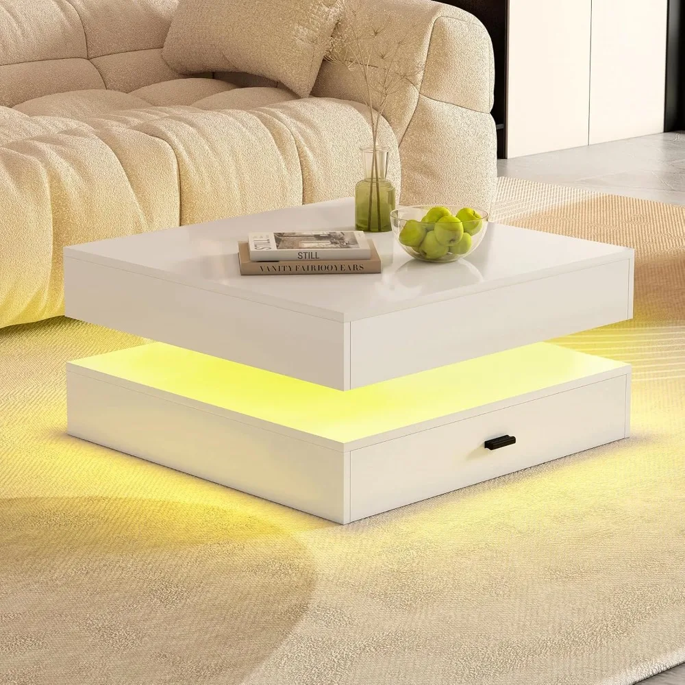 

Coffee Table for Living Room - 2-Tier Modern High Gloss Square Table with Storage Drawers, 24-Color Adjustable Lights, Conte
