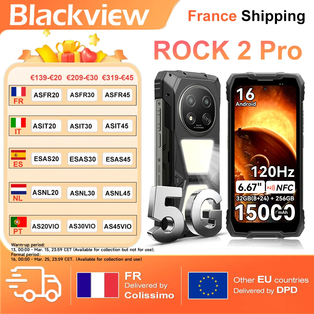 Blackview 5G ROCK 2 Pro Smartphone Robuste 32GB(8+24)+256GB 6,67" IPS 120Hz Lampe de Camping 400lm Android 16 15000mAh 33W NFC