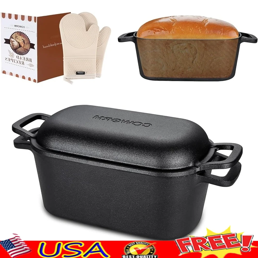 

3.6QT Cast Iron Dutch Oven Bread Maker with Lid Pre-Seasoned Ideal Sourdough Crispy Crust Recipes and Oven Mitts Included