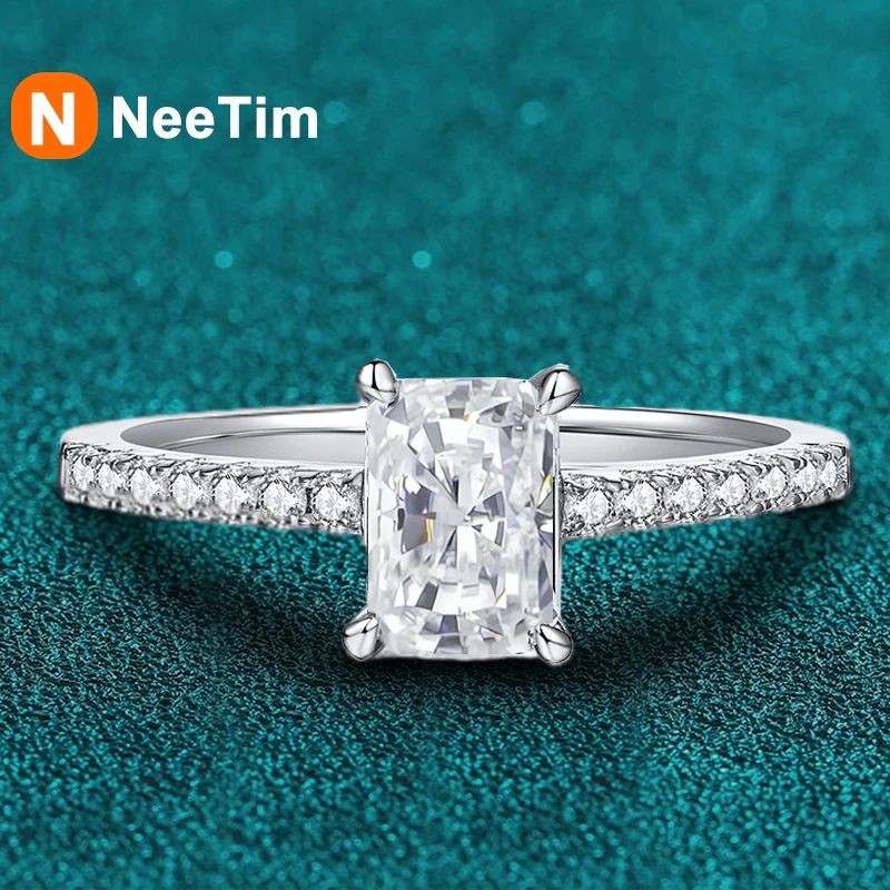 NeeTim1CT Moissanite Ring for Women Emerald Radiant Cut Diamond Wedding 925 Silver White Gold Plated  Rings With GRA Certificate