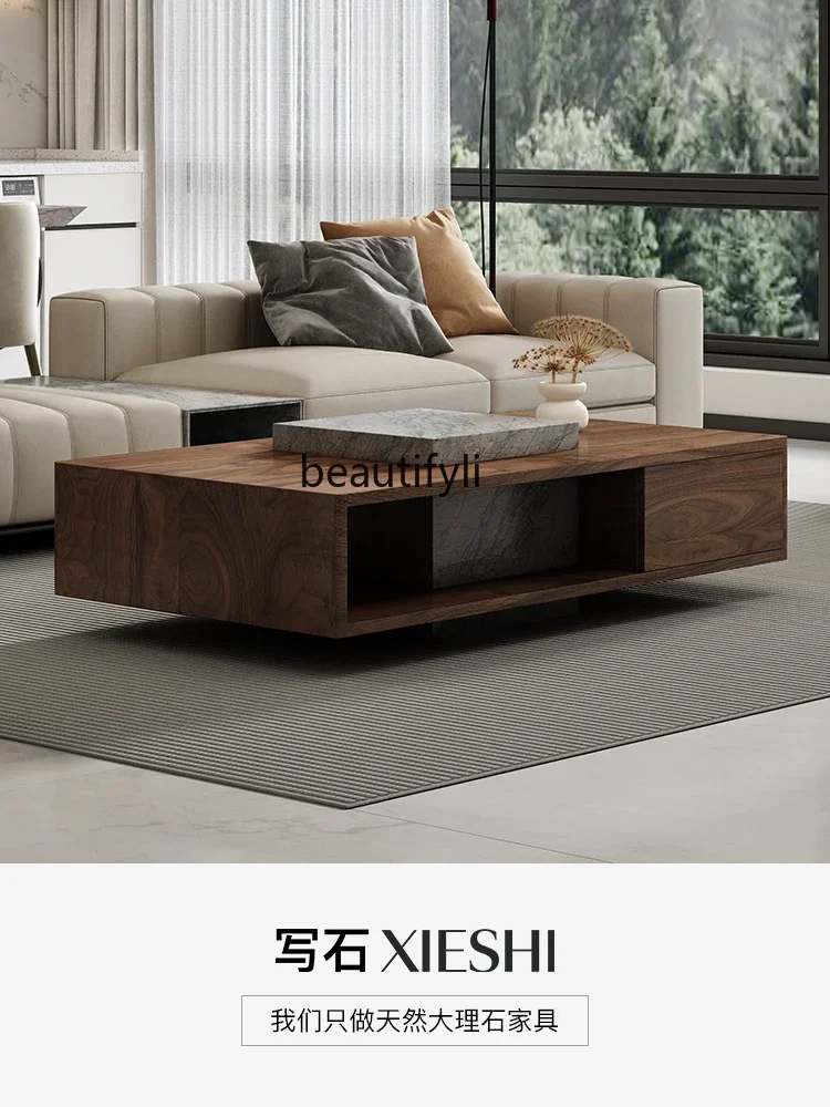 

ld14 Natural Marble Coffee Table Walnut Color Antique Style Small Apartment Living Room Designer Retro Coffee Table