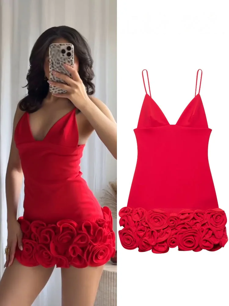 HH Women Fashion Sexy Slim Sleeveless Convex Flower Design Sling Mini Dress Summer Female Elegant V-neck Zipper Dress Mujer