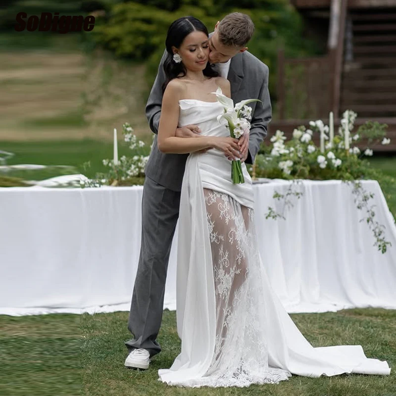 

﻿ SoDigne Mermaid Satin/Lace Wedding Dresses Strapless Detachable Sleeves Bridal Dress Bride Gown vestidos de novia Customized