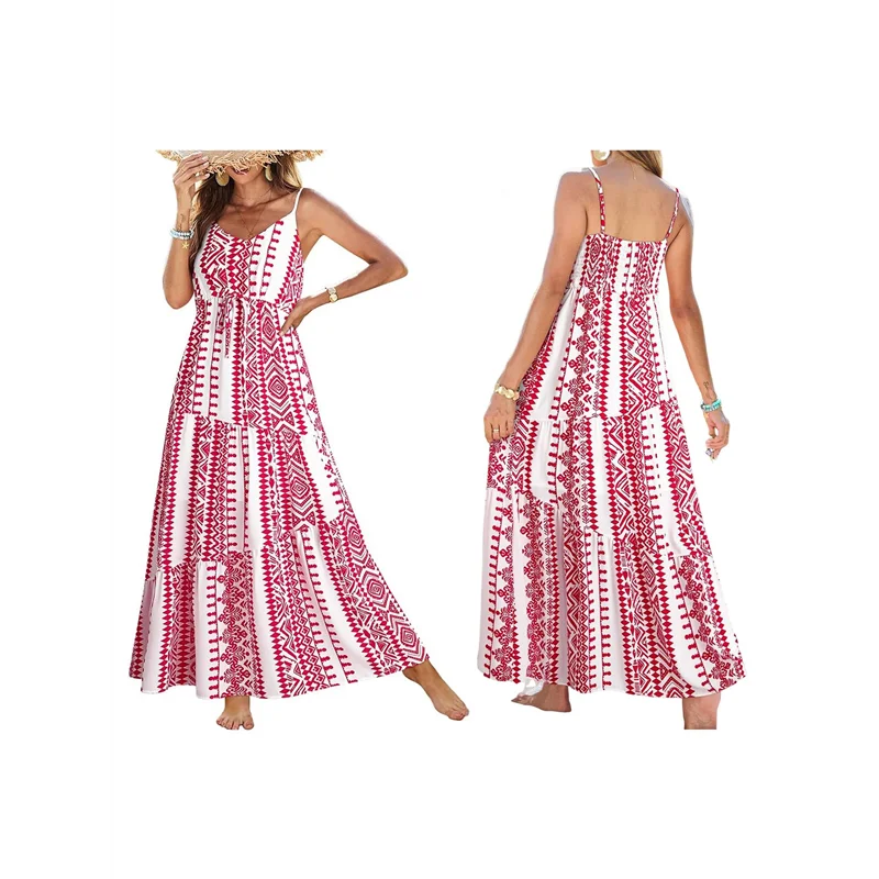 ABRT-Summer Dress Casual Womens Boho Dress Sleeveless Printed Long Tiered Maxi Dress Beach Dress 2025