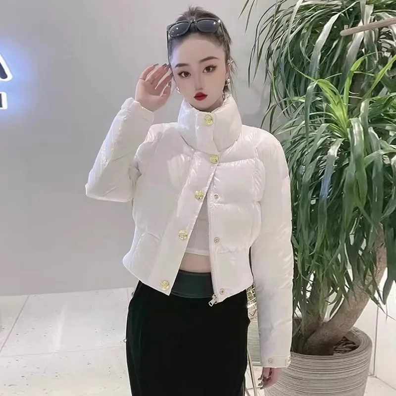 

Korean Short Winter Jacket Women Stand-up Collar Warm Parka Puffer Jacket Light Coat Outdoor Windproof Outerwear Button