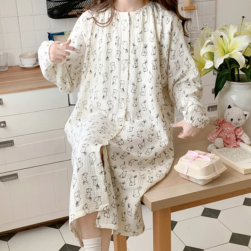 

100% Cotton Double Gauze Nursing Night Dress for Maternity Long Sleeve Soft Floral Print Sleepwear Pregnancy Home Hospital Wear