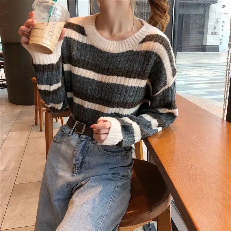 Korean Style Loose Casual Striped High Quality Long Sleeved Knitted Sweater Autumn New Fashion Vintage Comfortable Women's Top