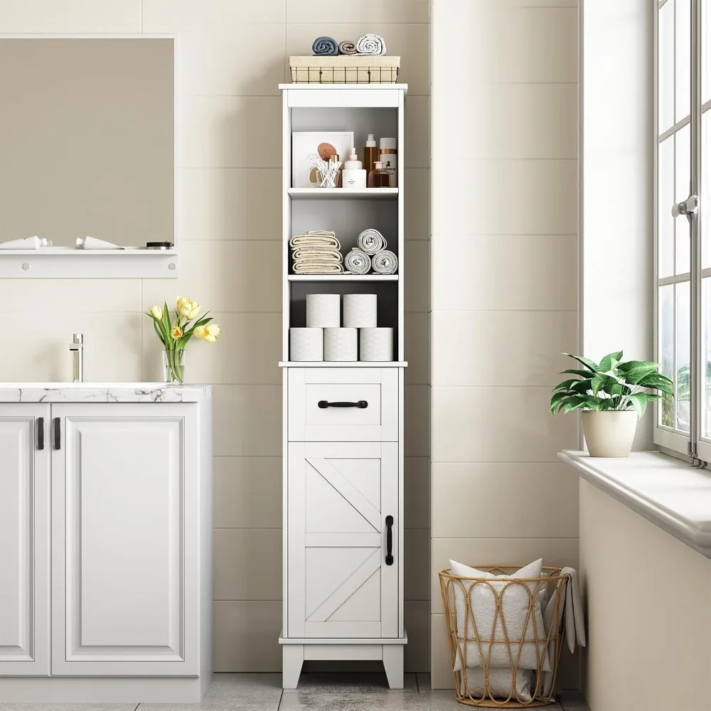 

Narrow Bathroom Storage Cabinet, Tall Freestanding Organizer with 3 Open Compartments, 1 Drawer, and 1 Door, Small Bathroom Stor