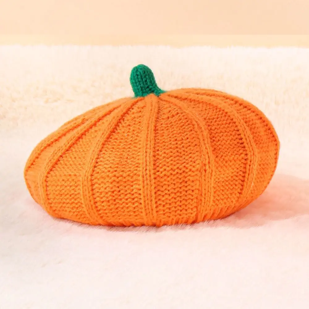 Süße orangefarbene Kürbis-Baskenmütze, hält warm, achteckige Mütze, Strickmütze, Schirmmütze, Künstlermütze, Eltern-Kind-Mütze