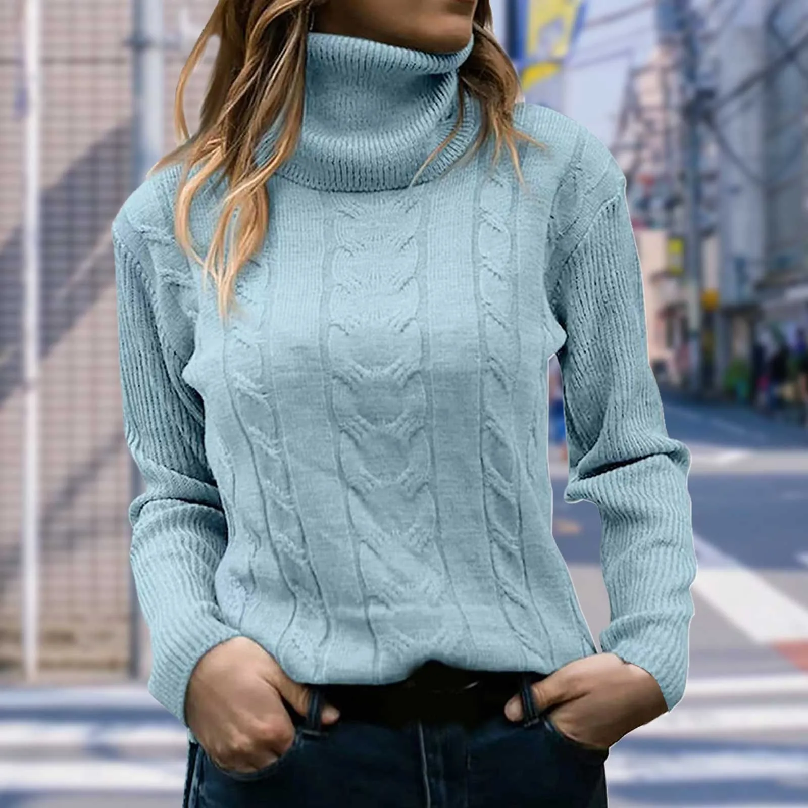 Women's Turtleneck Long Sleeve Cable Knit Sweaters Solid Color Knitted Hemp Flowers Warm Sweater Twisted Knit Bottoming Sweater