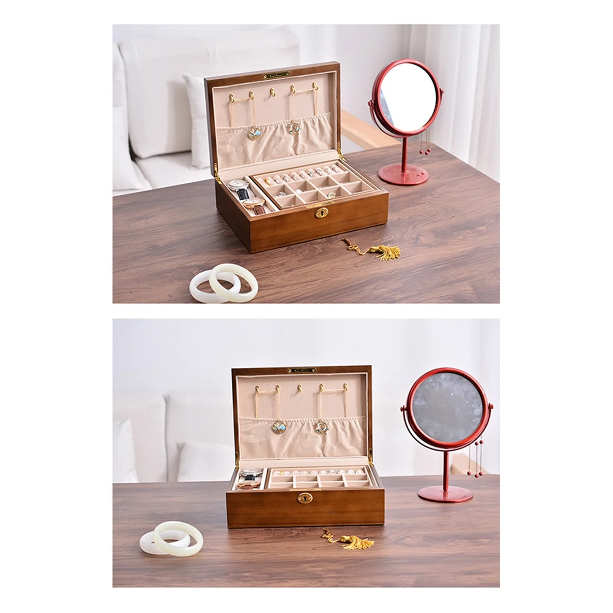 ABQR Деревянная винтажная шкатулка для хранения ювелирных изделий с запирающейся крышкой, шкатулка для драгоценностей из цельного дерева с откидной крышкой, большая вместимость, ящик для хранения с отделением