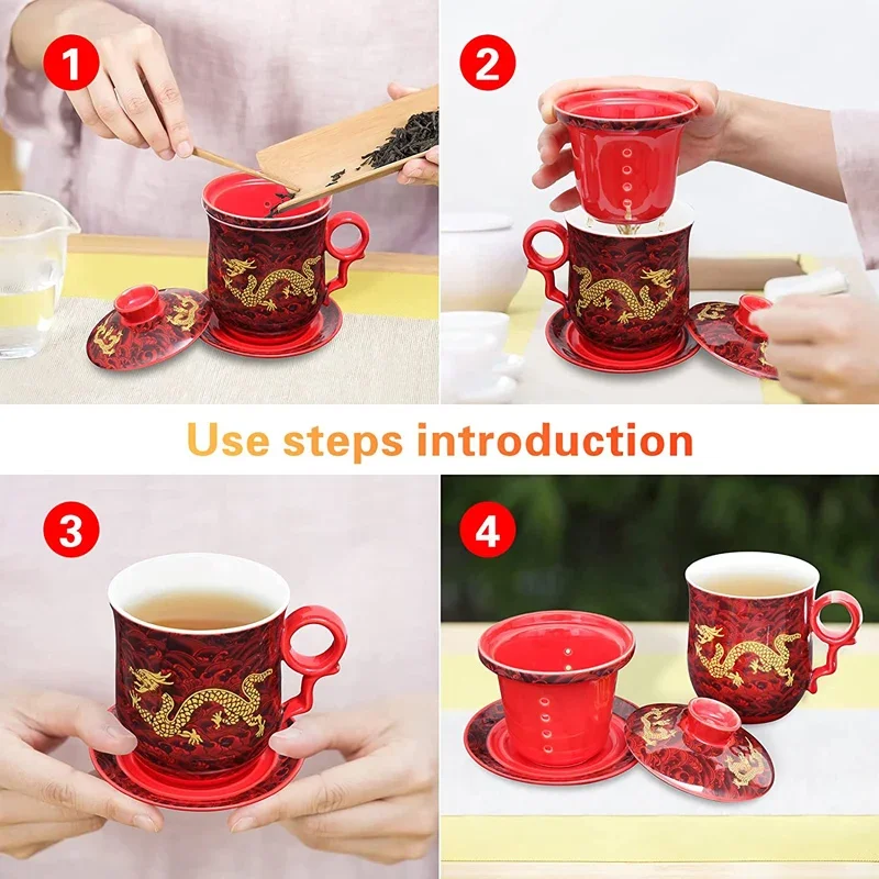 Chinese Dragon Pattern Tea-Mug with Strainer Infuser and Lid and Saucer Ceramic Tea Mug Convenient  Porcelain Personal Tea Cup