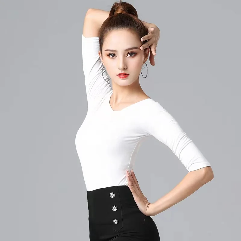 Black Elastic Mesh Half Sleeve Latin Tight Top Modern Social Flamenco Dance Practice T Shirt Ballroom Tops Wholesale