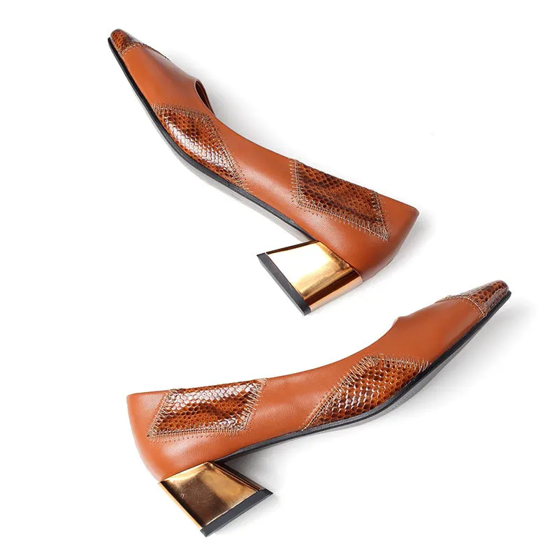 

Fashion PU Brown Snake Pattern Stitching Thick Heel Pointed Toe Women's Pumps Slip On Metal Heels Elegant Ladies Office Shoes