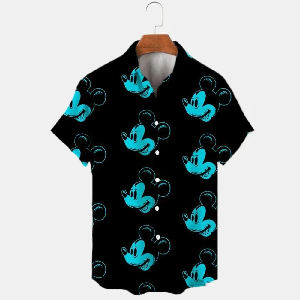 

2025 Summer Shirt Disney Fashion Cartoon Star and Stitch Harajuku Top Men's Lapel Shirt Disney Mickey Minnie Hawaiian Shirt