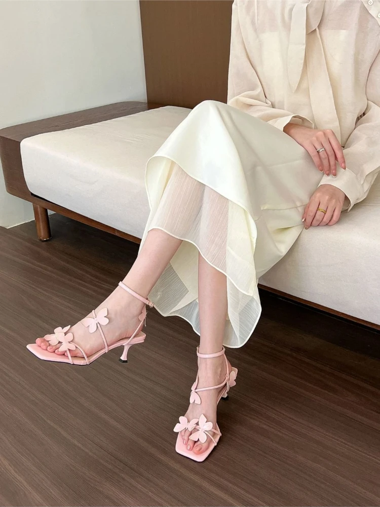 Whimsical Fairy Core Summer Sandals with Butterfly Accents Square Toe High Heel for Women 2026 New Collection