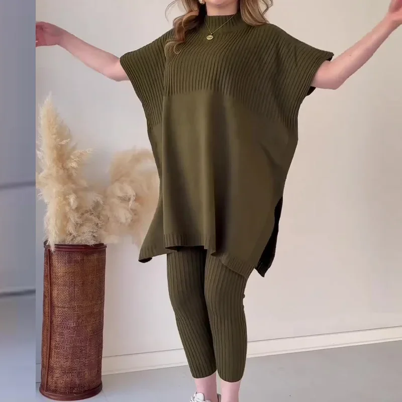 Women Two Piece Pant Sets Knitted Batwing Sweaters Short Sleeve Y2k Tops Casual High Waist Pants Autumn Winter Matching Sets