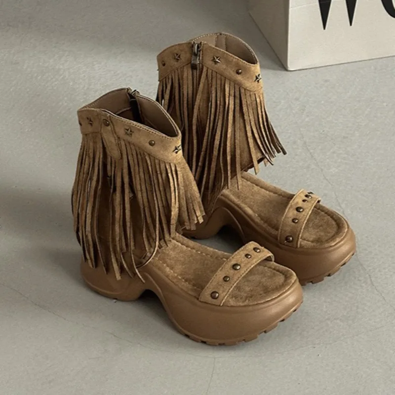 

Cool Boots for Women with Tassel,willow Nail,height Increase 2025 Summer New Roman Sandals Fashion Short Boots Botas Para Mujer