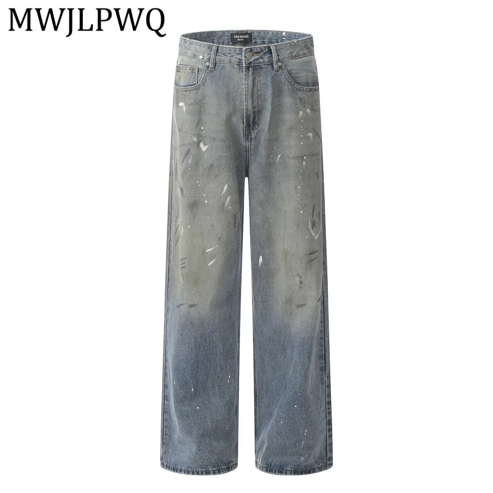 

MWJLPWQ Street Style Vintage Ink Splash Painted Jeans Men Unique Design Niche Vibe Trendy Stained Wide-Leg Straight Pants 14209