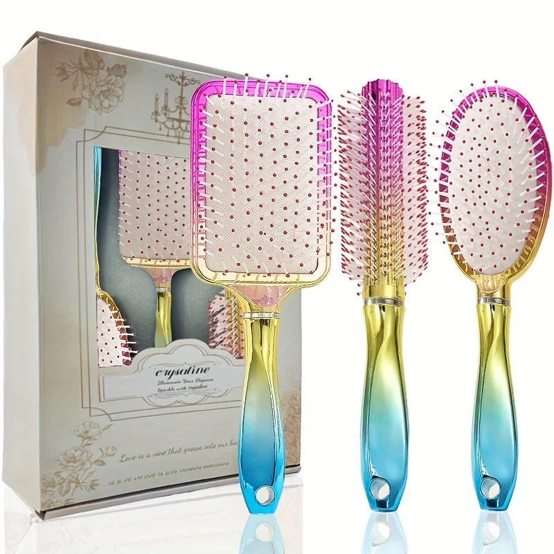 

Набор из 3 трехцветных гребней для волос с градиентным гальваническим покрытием: расческа на воздушной подушке, нейлоновая расческа для распутывания зубов, ка для волос против запутывания