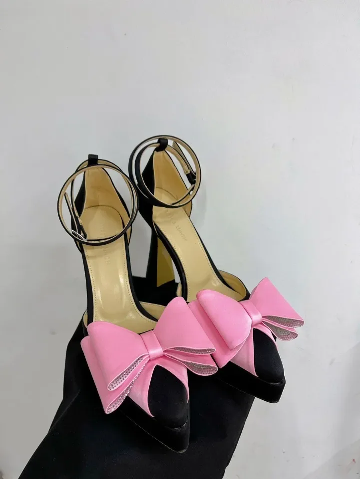 

Double Heart Pointed Toe Satin platform Pumps bow high heels silk crystals rhinestone fashion brand designer women shoes