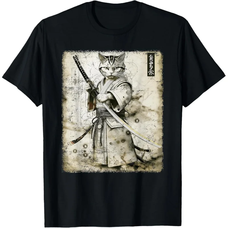 Samurai Cat vintage ukiyo-e warrior art graphic T-shirt