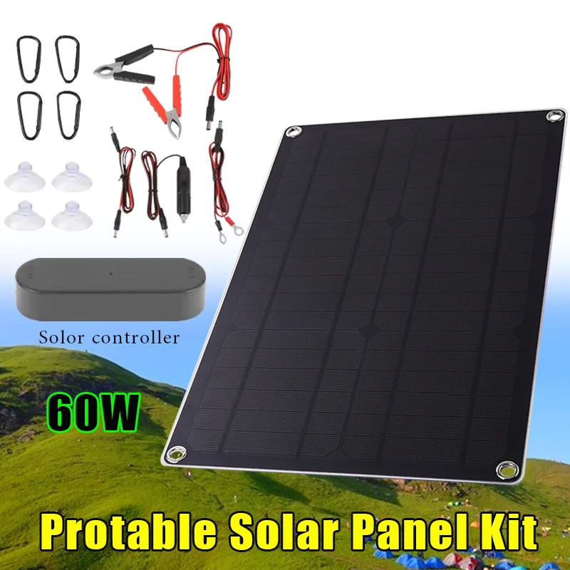 

60W Solar Panel Monocrystalline Solar Cell with PWM Controller Kit USB+DC Dual Output Outdoor Power Charger for Camping RV Car