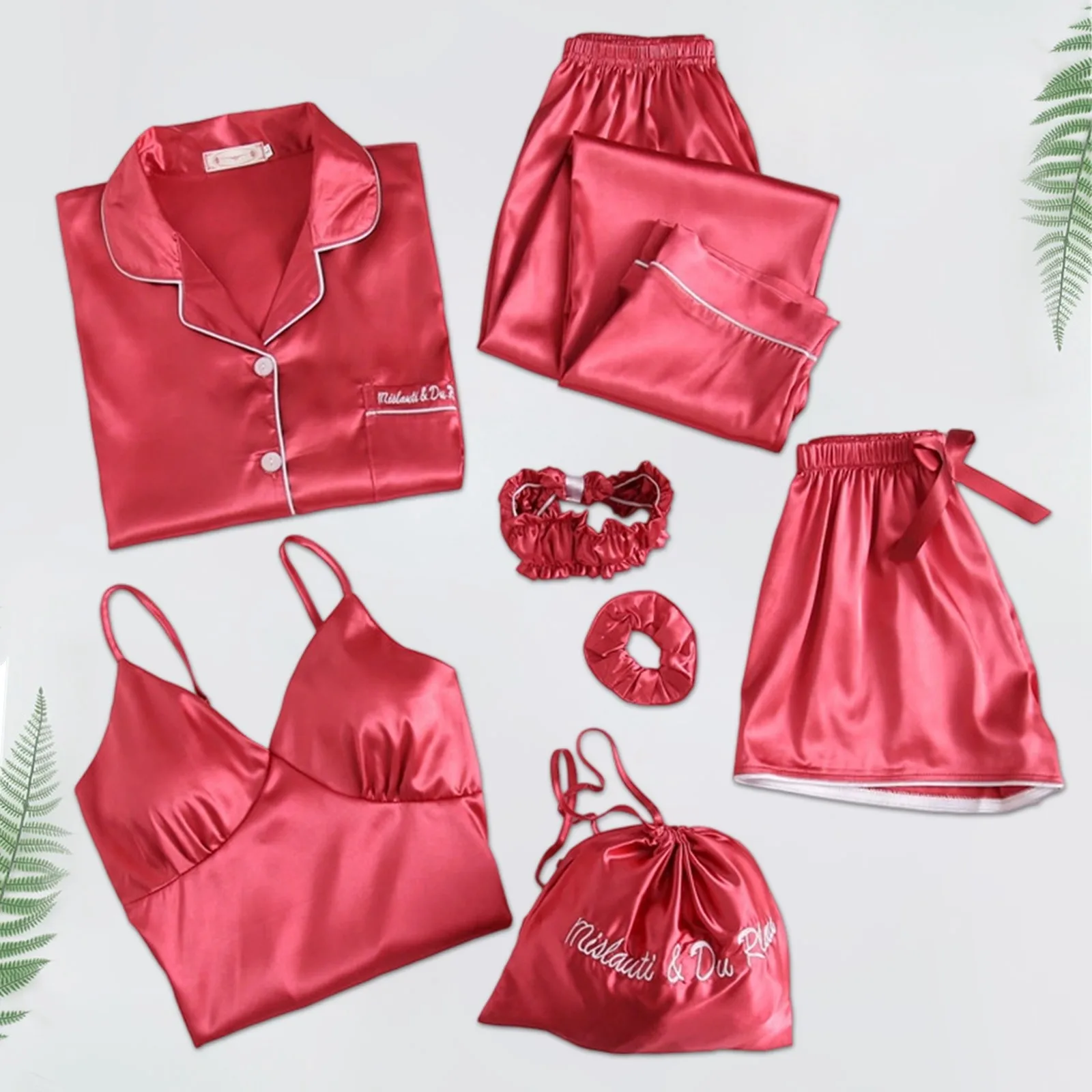 

Strap Sleepwear Pyjamas Women's 7 Pieces Pink Pajamas Sets Satin Silk Lingerie Homewear Sleepwear Pyjamas Set Pijamas For Woman