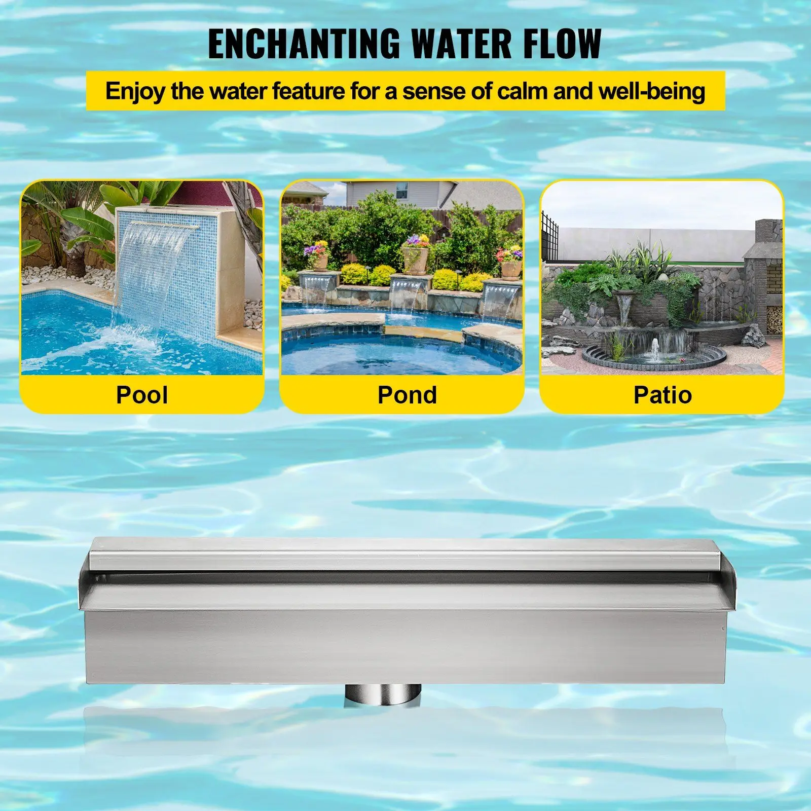 Poolbrunnen, Edelstahl, Poolwasserfall, Spillway mit Rohrverbinder, rechteckig, für den Garten und den Außenbereich (11,8 Zoll)