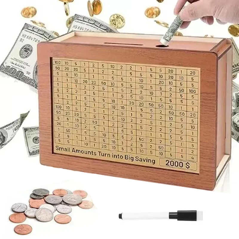 500/1000/2000/3000/5000/10000 Euro Money Box Piggy Bank Reusable Wood Money Bank Money Box with Saving Goal and Numbers Boxes