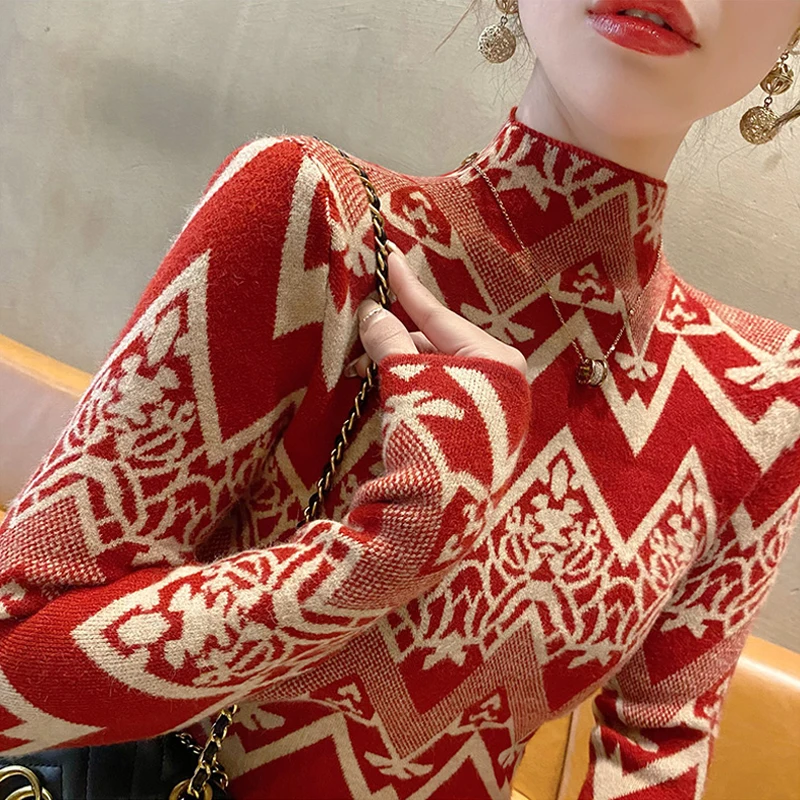 Light Luxury Autumn Winter Half High Collar Casual Argyle Sweater Female Fashion All-match Jumpers Women Knitted Pullover Tops