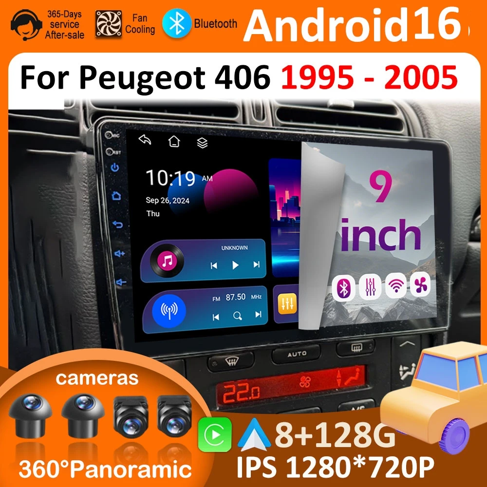 Android 16 Carplay Car Video for Peugeot 406 1995 - 2002 2003 2004 2005 Multimedia Player Autoradio Touch Screen WIFI Head Unit