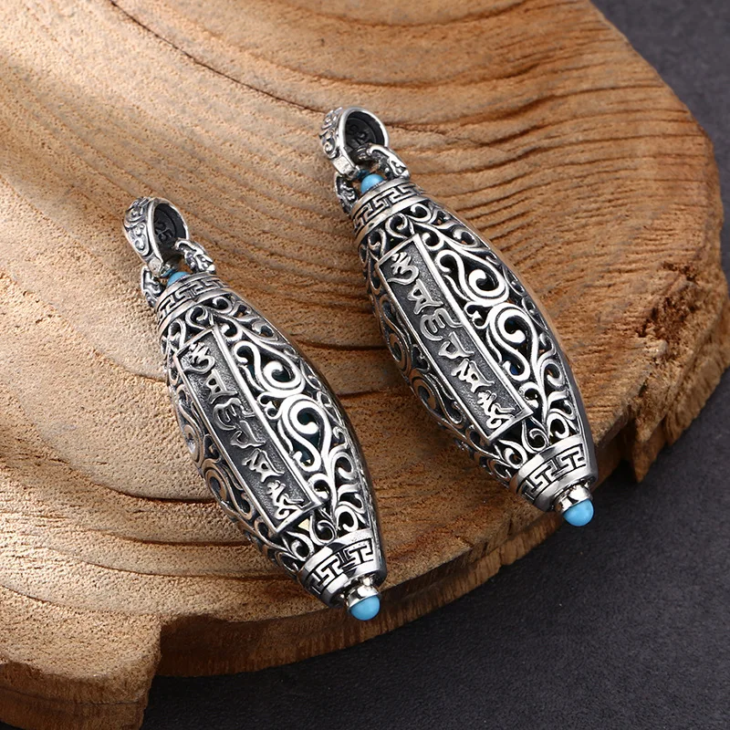 S925 Sterling Silver Pendant Nine Eyed Celestial Beads Natural Turquoise Six Words RotatableUnisex Fine Jewelry FYNE269