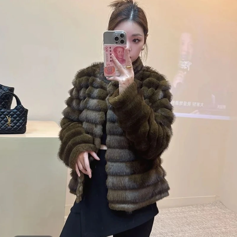 Abrigo de piel sintética de un solo pecho para mujer, chaquetas gruesas de felpa de invierno, elegante, a la moda, estilo coreano, cuello levantado, manga larga