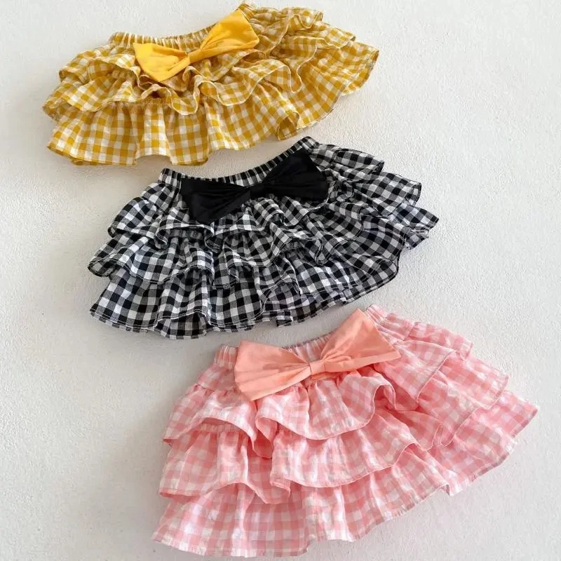 

Summer Girls tutu Skirts Toddler Kids Plaid Cotton Layered Skirt with Bow Children Mini Skirt fits 2-8Years