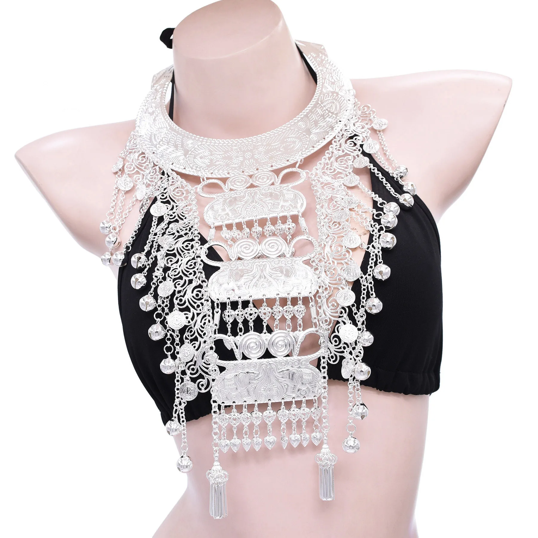 Bohemian Miao Silver Plated Alloy Geometry Tassel Choker Necklace for Women Choker Collar Ethnic Clothing Statement Jewelry