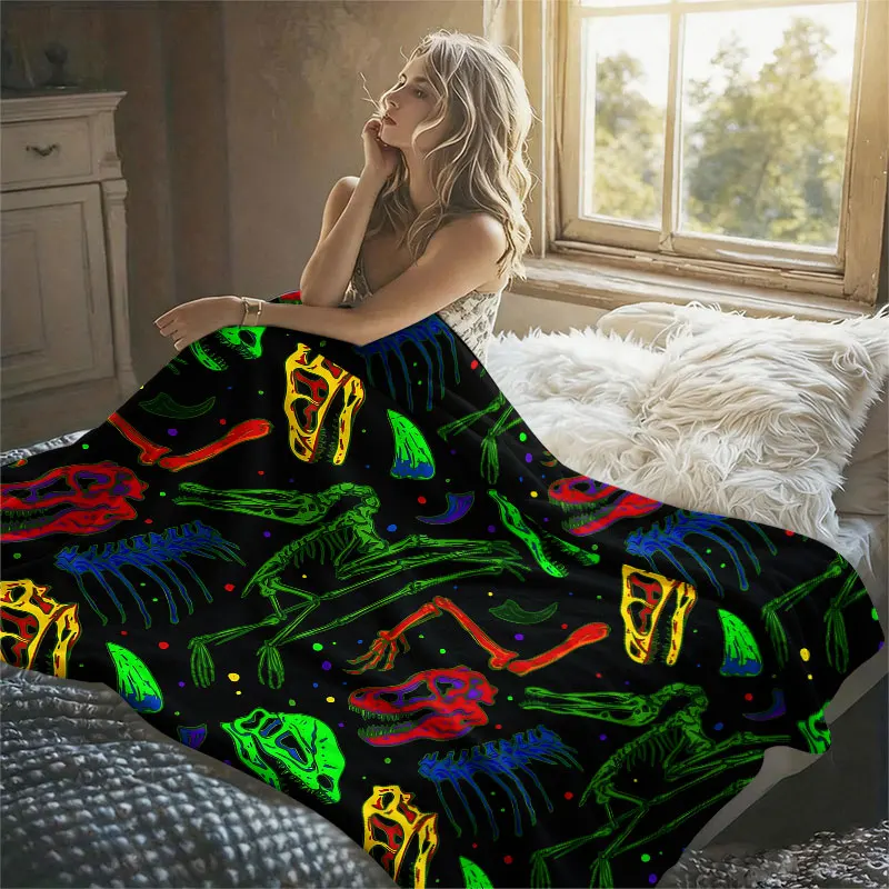 Colorful Dino Skeleton Flannel Blanket Warm Soft Halloween Christmas Decorative Couch Warm Cozy All-Season Gift