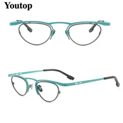 Retro Women Cat Eye Glasses Frames Men Round Optical Eyeglass Frame Pure Titanium Orange Green Eyewear Rx Lightweight Eyeglasses