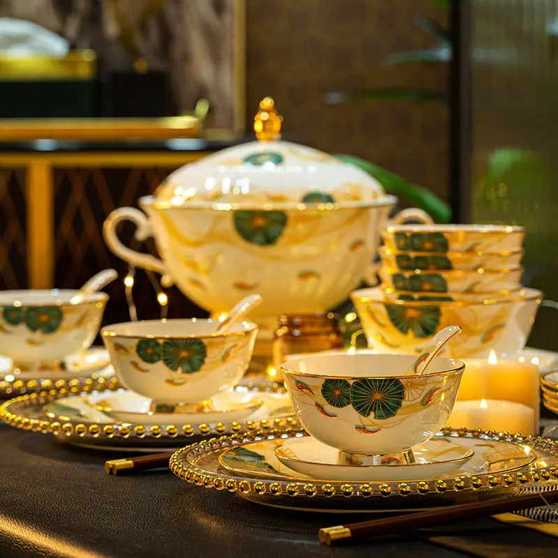 Luxury Style Ceramic Tableware Set Design Plates Bone China Dinnerware Sets Kitchen Elegant Jogo De Pratos Jantar Dinner Sets