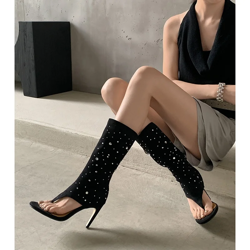 MKKHOU Women Thong‑Toe Mid‑Calf Boots Rhinestone‑Embellished Suede Stretch Fabric Stiletto High‑Heel Pull‑On Sandals Boots Women