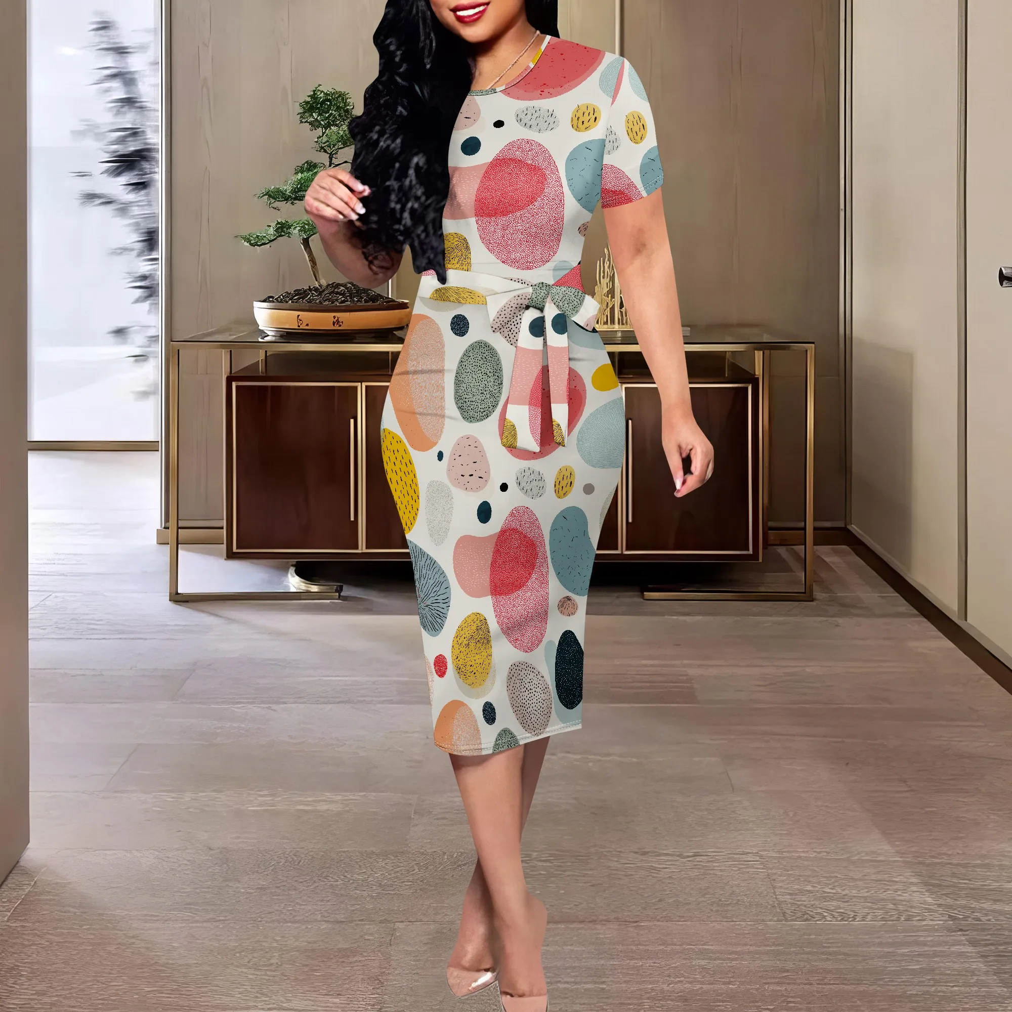 

Colorful Abstract Dot Print Dress XS-3XL – Modern Art Style Midi Dress for Summer Brunch or Vacation Look