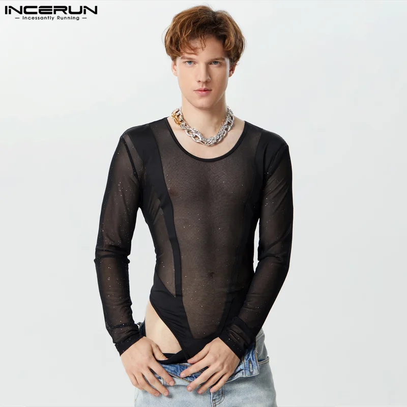 

Men Bodysuits Mesh Patchwork O-neck Long Sleeve Male Rompers Streetwear 2024 Fitness Transparent Fashion Bodysuit INCERUN S-3XL